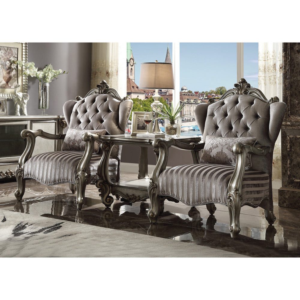 33" Gray And Platinum Velvet Striped Tufted Wingback Chair Image 2