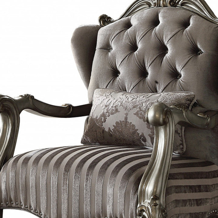 33" Gray And Platinum Velvet Striped Tufted Wingback Chair Image 4