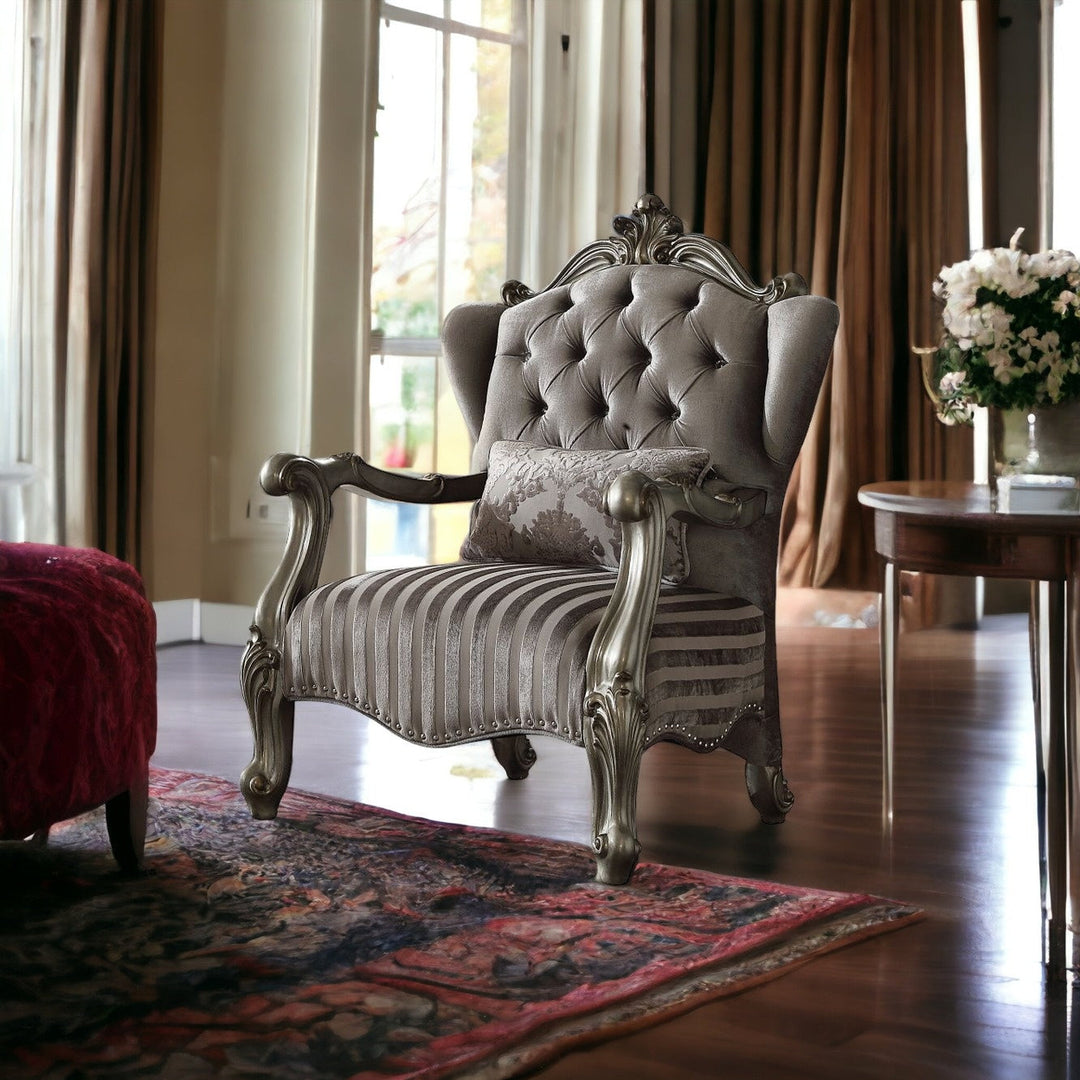 33" Gray And Platinum Velvet Striped Tufted Wingback Chair Image 5