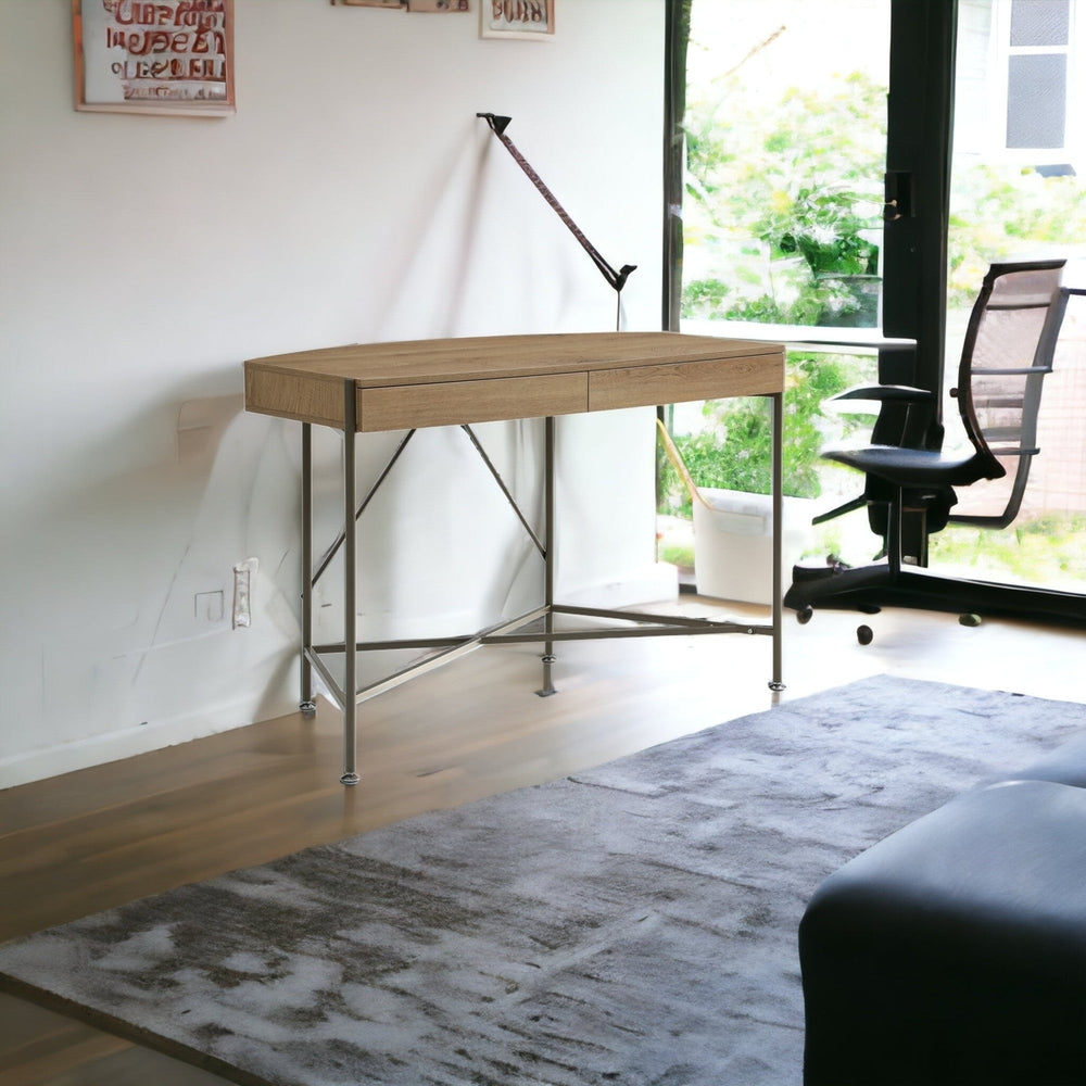 45" Natural and Bronze Half Circle Writing Desk With Two Drawers Image 2