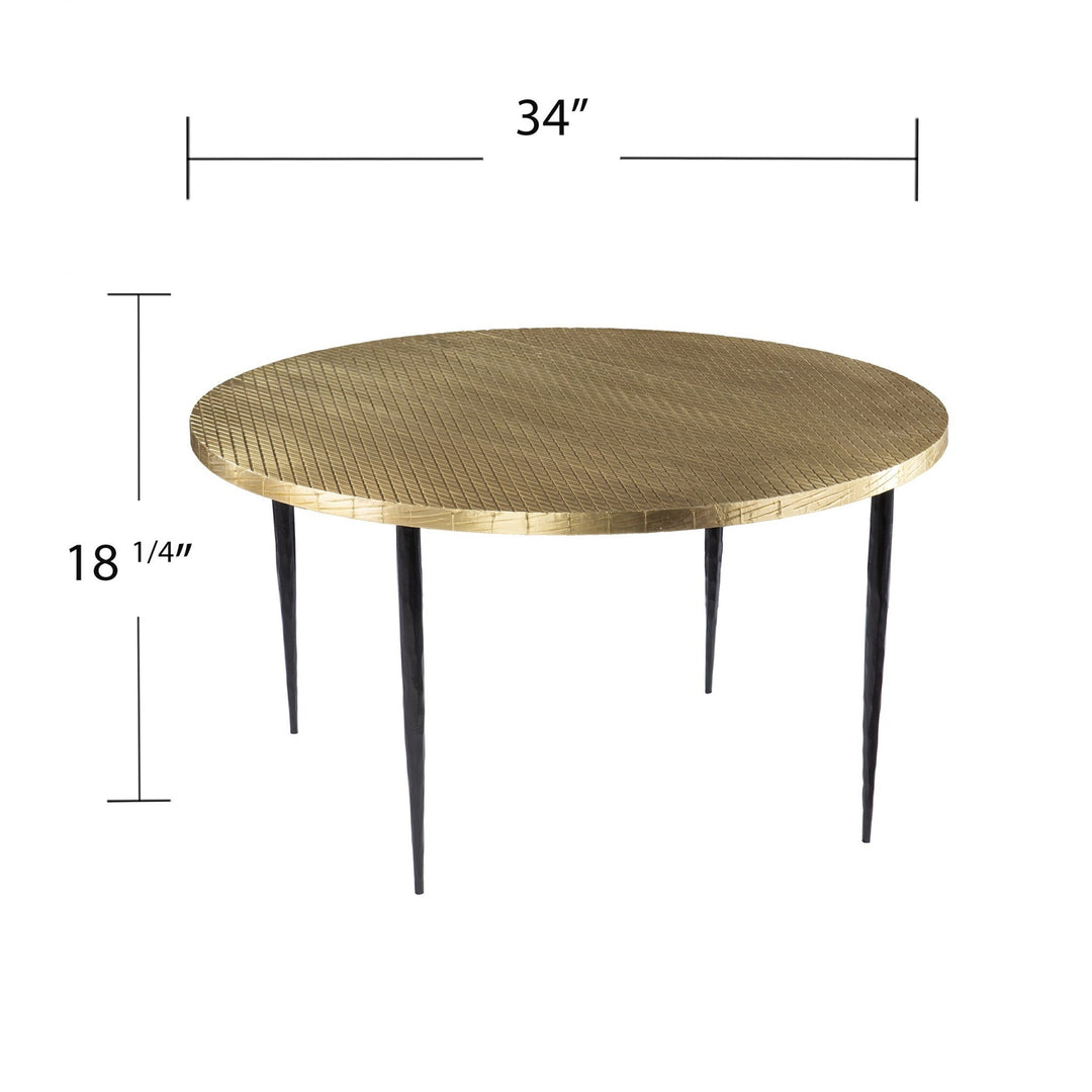 34" Black And Gold Embossed Metal Round Coffee Table Image 6