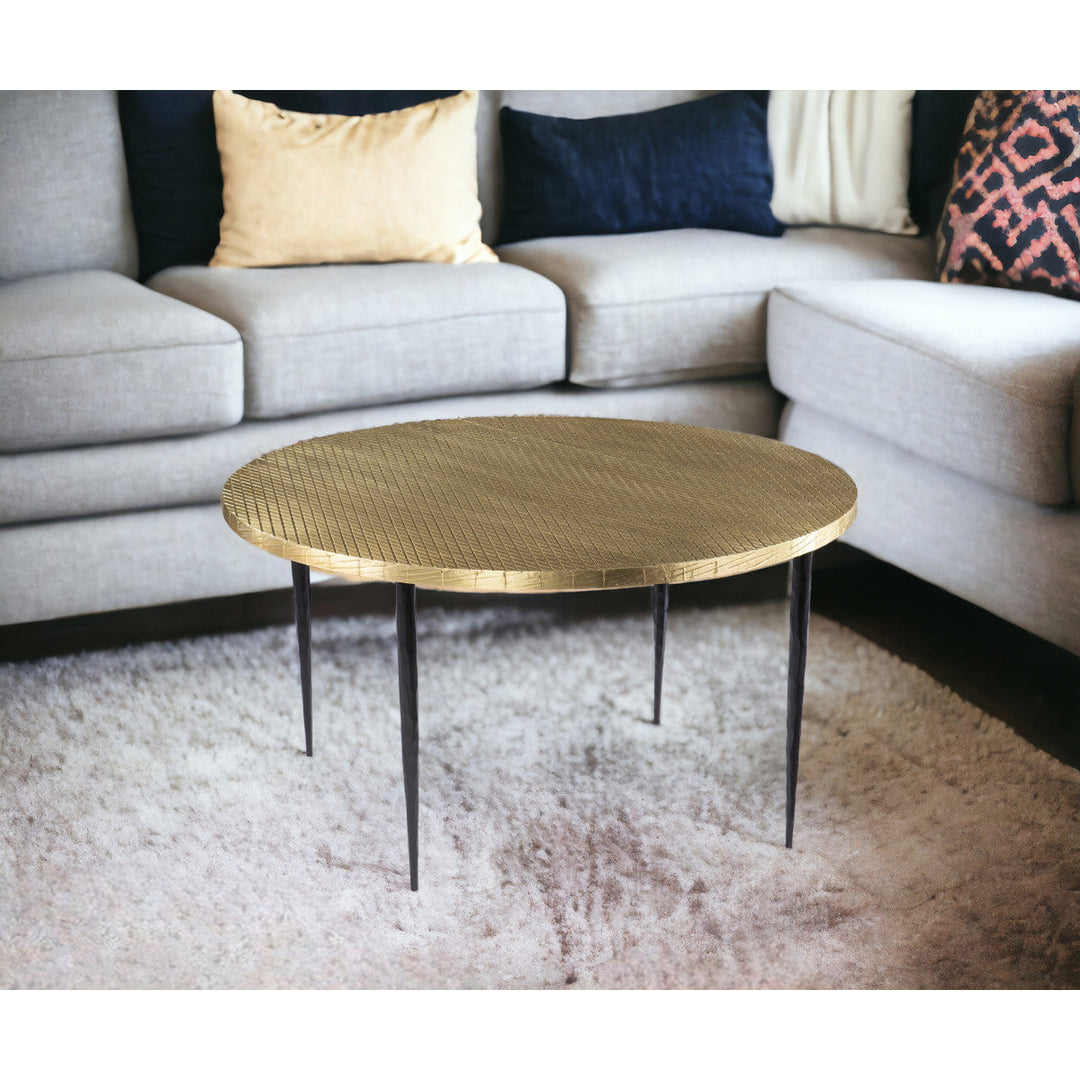 34" Black And Gold Embossed Metal Round Coffee Table Image 7