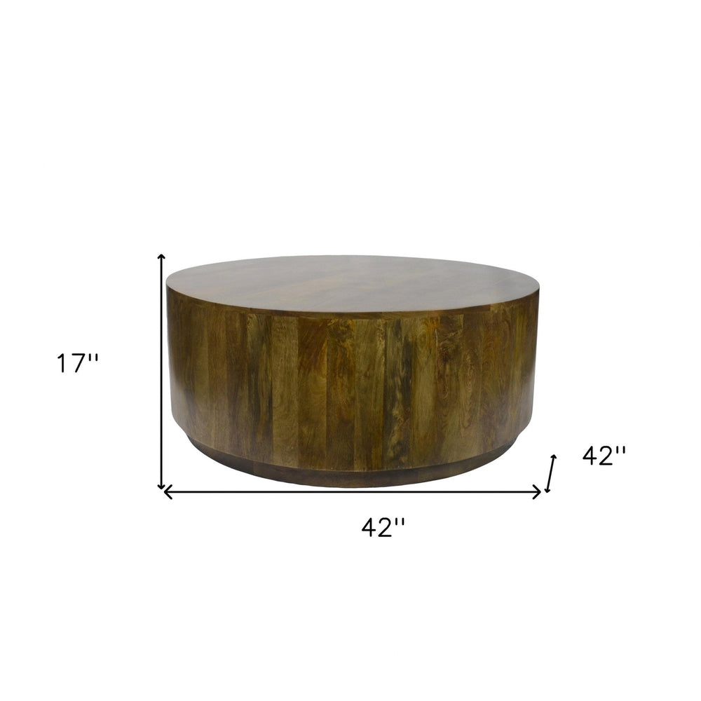 42" Rustic Brown Solid Wood Round Distressed Coffee Table Image 2