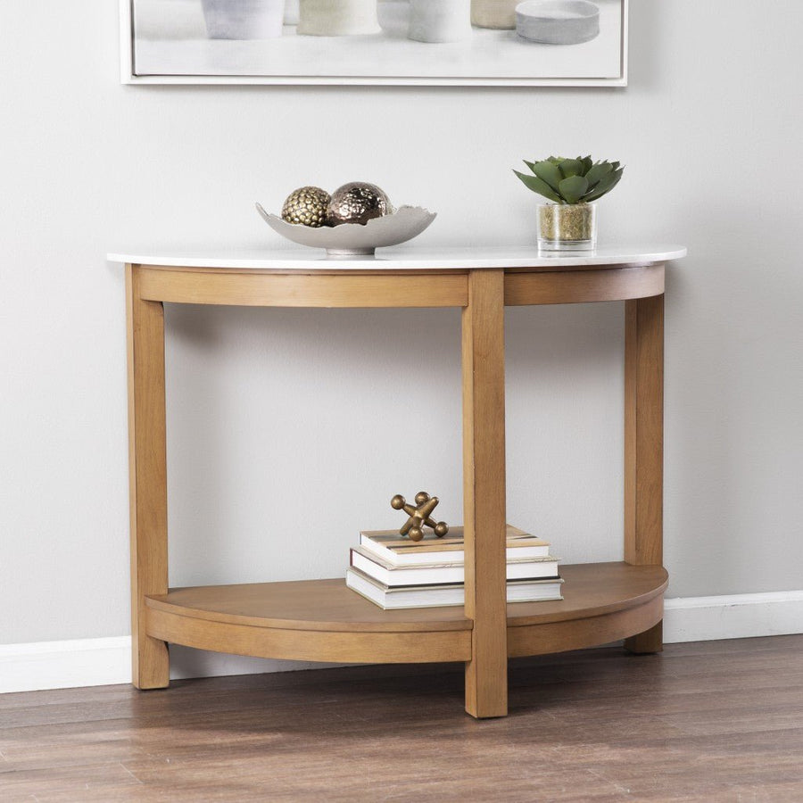 42" White and Natural Faux Marble Half Circle Three Leg Console Table With Storage Image 1