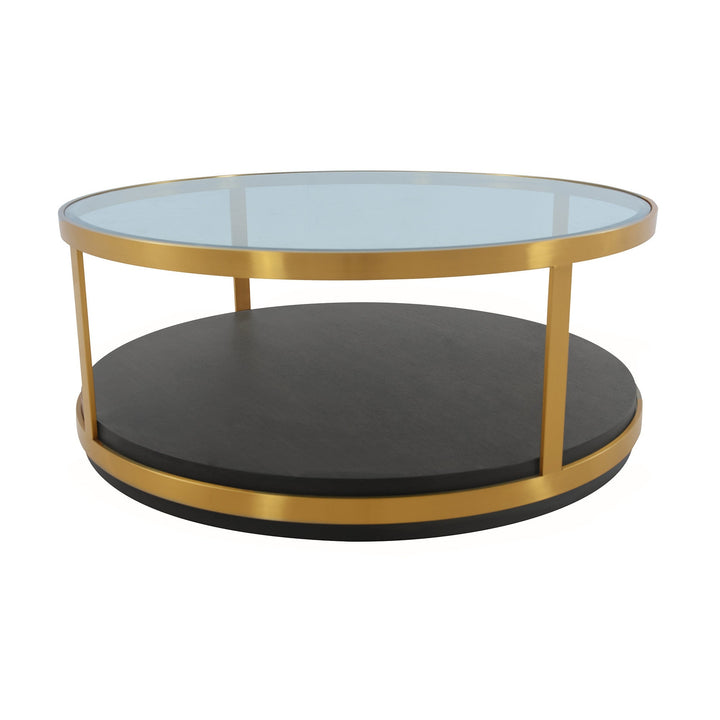 43" Clear And Black Solid Wood Round Coffee Table With Shelf Image 2