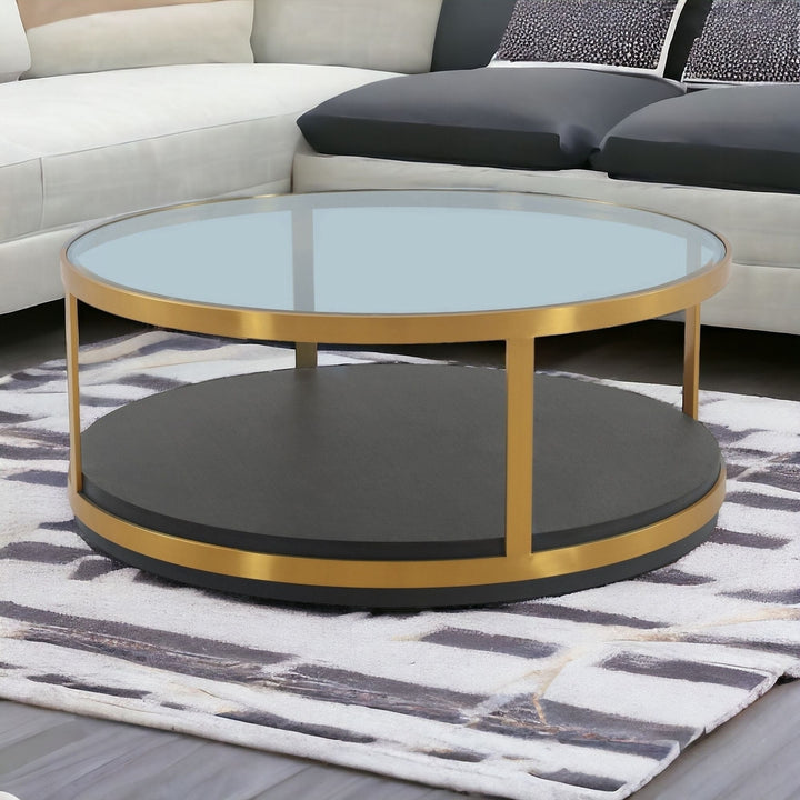 43" Clear And Black Solid Wood Round Coffee Table With Shelf Image 8