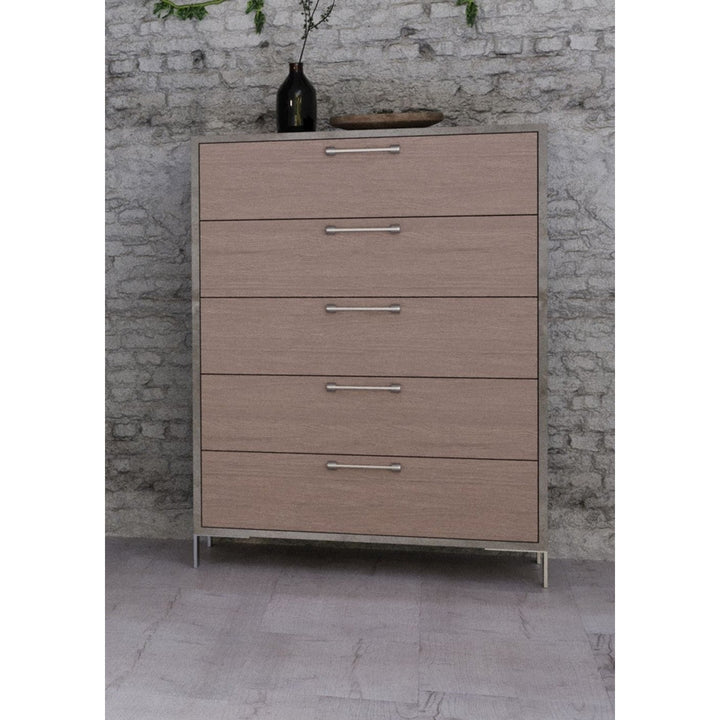 35" Brown Oak And Grey Solid And Manufactured Wood Five Drawer Chest Image 2