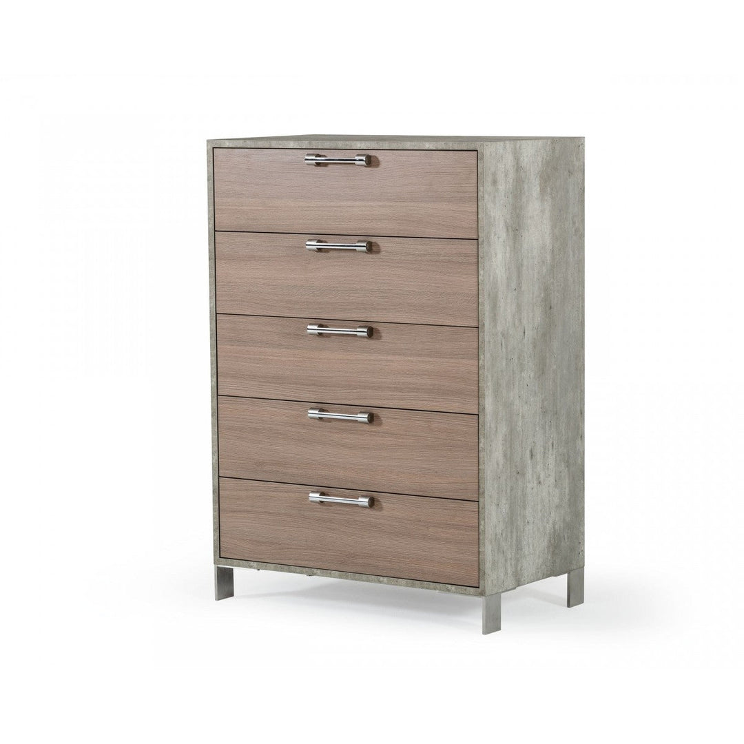 35" Brown Oak And Grey Solid And Manufactured Wood Five Drawer Chest Image 4