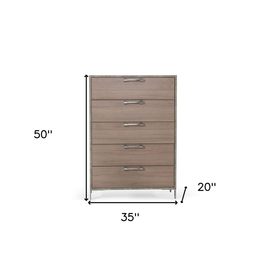 35" Brown Oak And Grey Solid And Manufactured Wood Five Drawer Chest Image 6