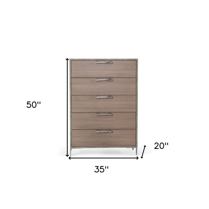 35" Brown Oak And Grey Solid And Manufactured Wood Five Drawer Chest Image 6