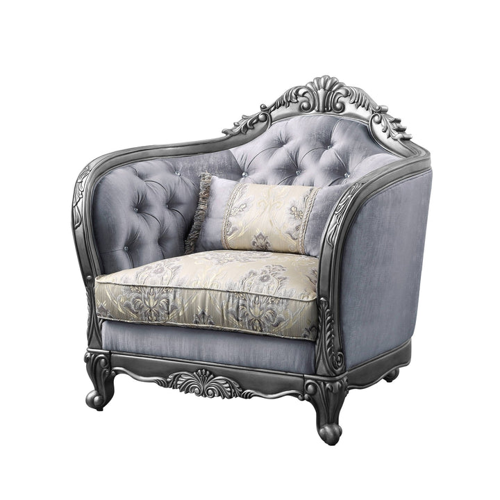 43" Light Gray Fabric And Platinum Floral Tufted Arm Chair Image 1