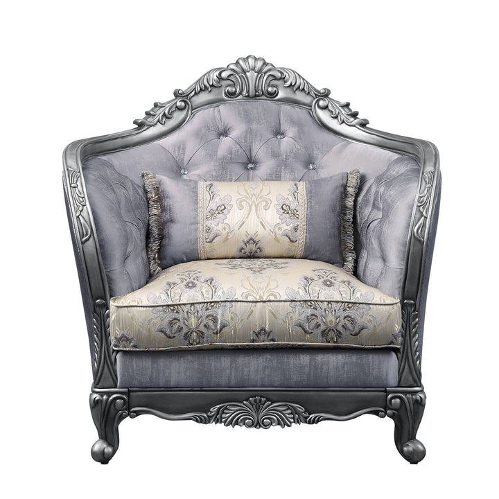 43" Light Gray Fabric And Platinum Floral Tufted Arm Chair Image 2