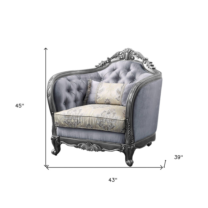 43" Light Gray Fabric And Platinum Floral Tufted Arm Chair Image 5