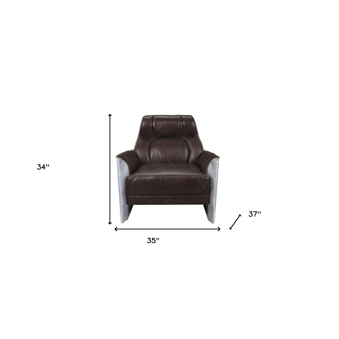 35" Espresso Top Grain Leather And Steel Patchwork Club Chair Image 2