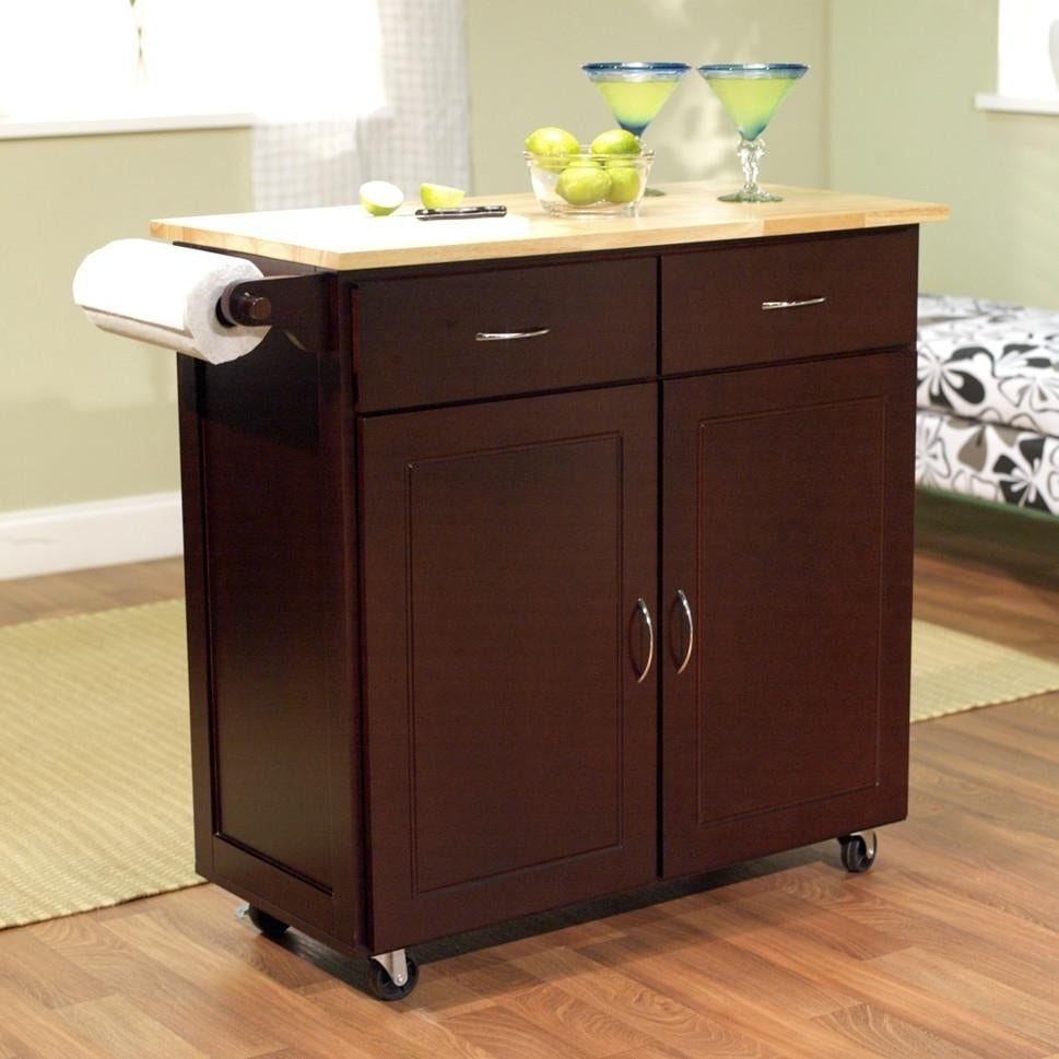 43-inch W Portable Kitchen Island Cart with Natural Wood Top in Espresso Image 1