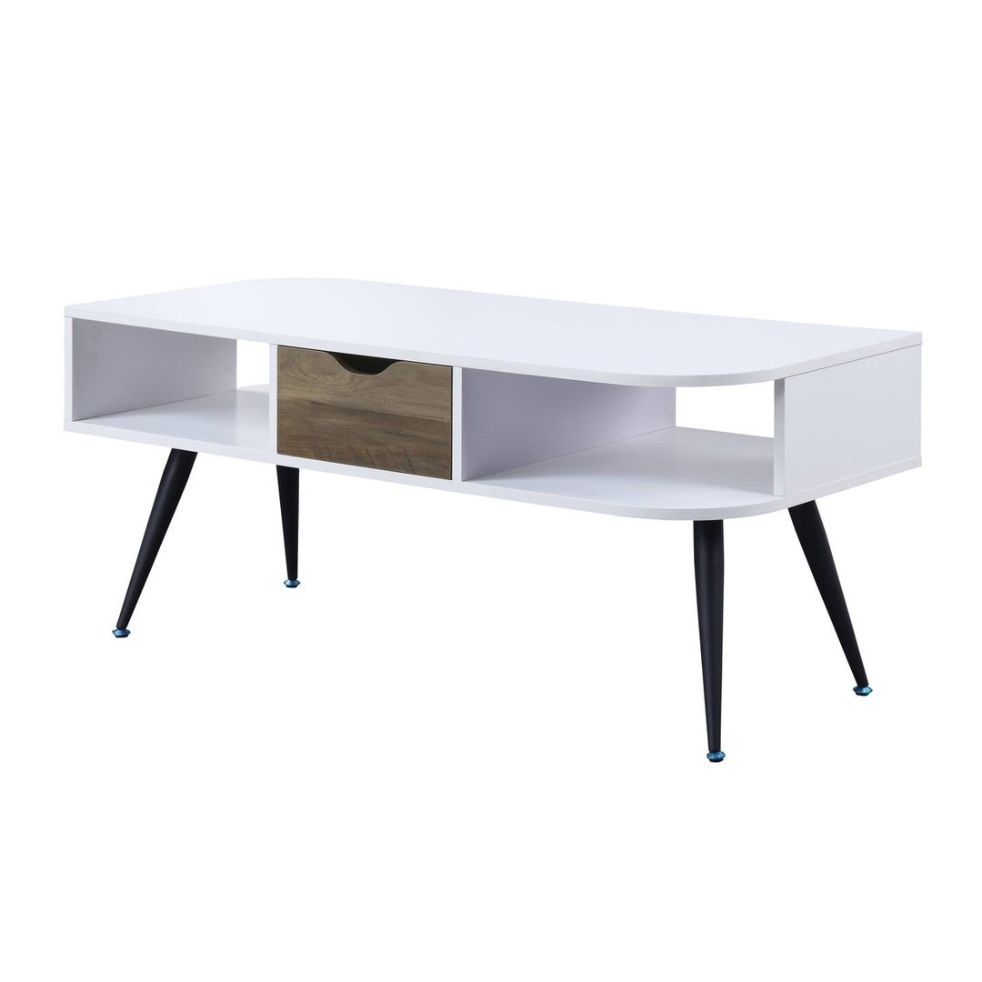 44" Black And White Melamine Veneer And Metal Rectangular Coffee Table With Drawer And Shelf Image 4