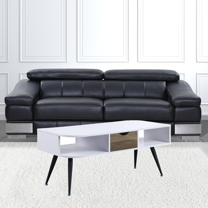 44" Black And White Melamine Veneer And Metal Rectangular Coffee Table With Drawer And Shelf Image 5