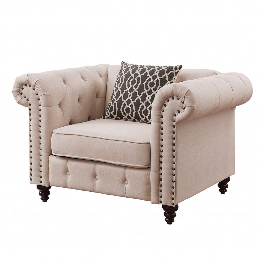 45" Beige Linen And Black Tufted Chesterfield Chair Image 1