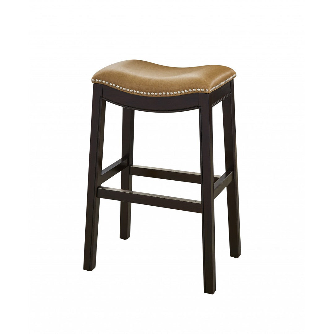 31" Tan And Espresso Faux Leather And Solid Wood Backless Counter Height Bar Chair Image 6