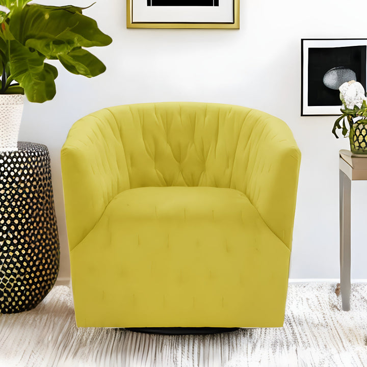 31" Yellow And Black Velvet Tufted Swivel Barrel Chair Image 6