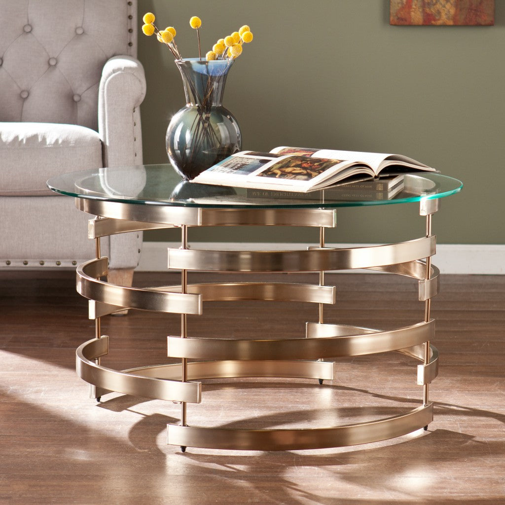 32" Champagne Glass And Metal Round Coffee Table Image 1