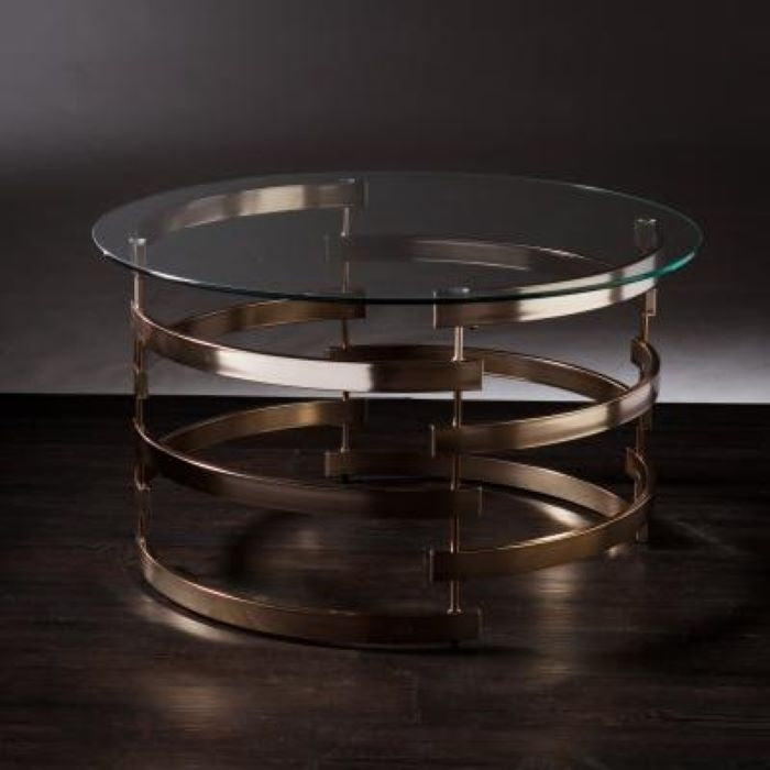 32" Champagne Glass And Metal Round Coffee Table Image 2