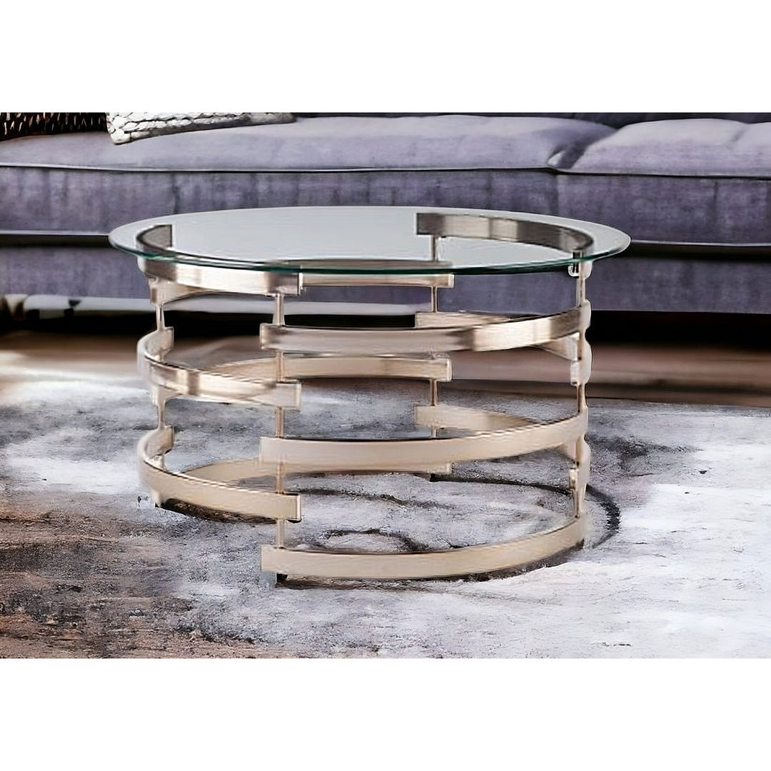 32" Champagne Glass And Metal Round Coffee Table Image 4