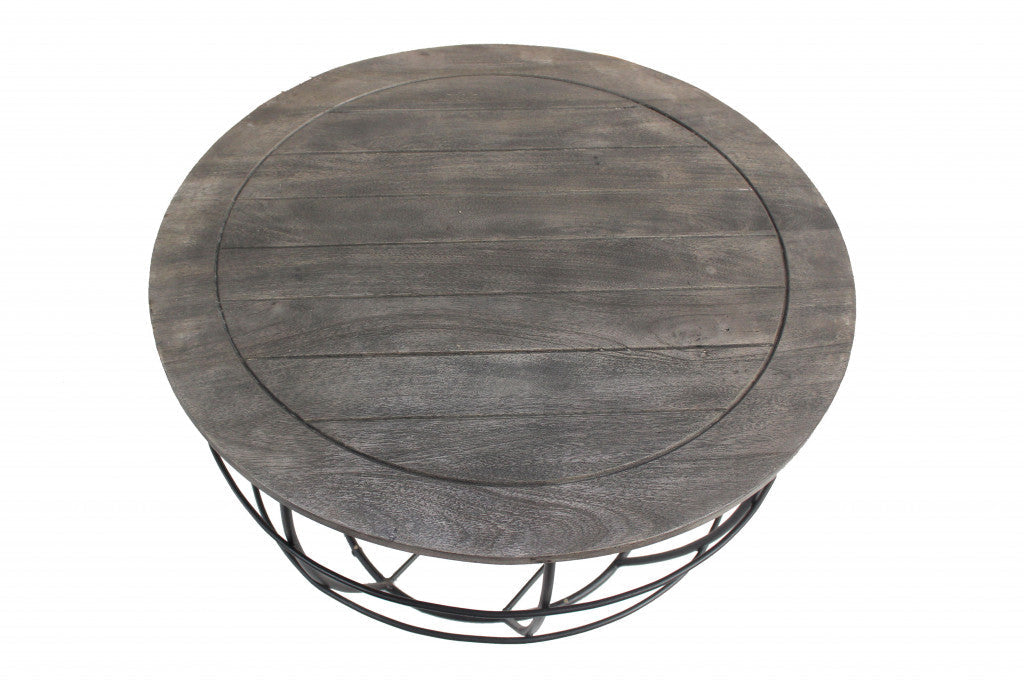 32" Gray Wash Solid Wood and Cast Iron Round Distressed Coffee Table Image 2