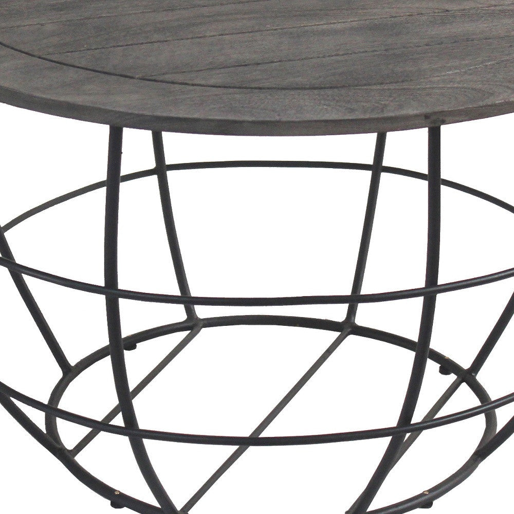 32" Gray Wash Solid Wood and Cast Iron Round Distressed Coffee Table Image 4