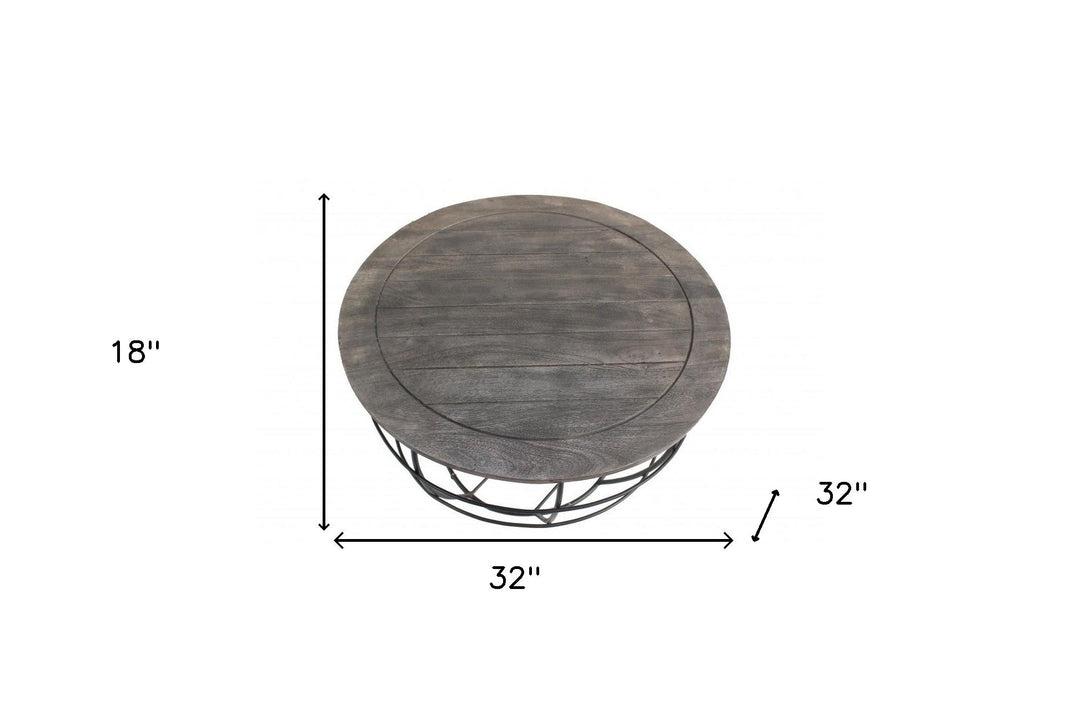 32" Gray Wash Solid Wood and Cast Iron Round Distressed Coffee Table Image 5