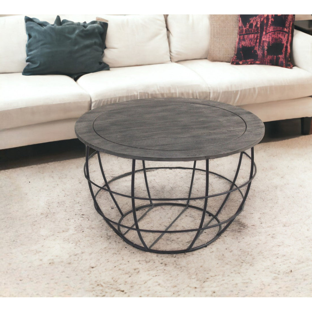 32" Gray Wash Solid Wood and Cast Iron Round Distressed Coffee Table Image 6