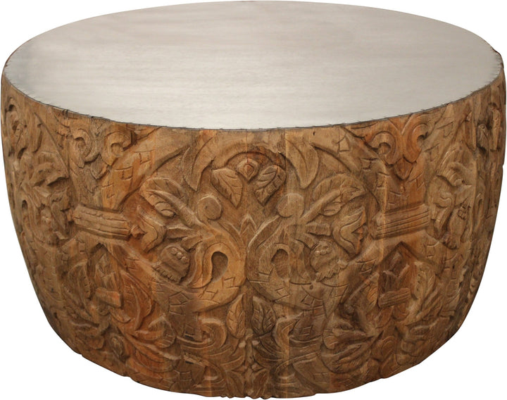 32" Natural Brown And White Wash Hand Carved Wood Round Coffee Table Image 1