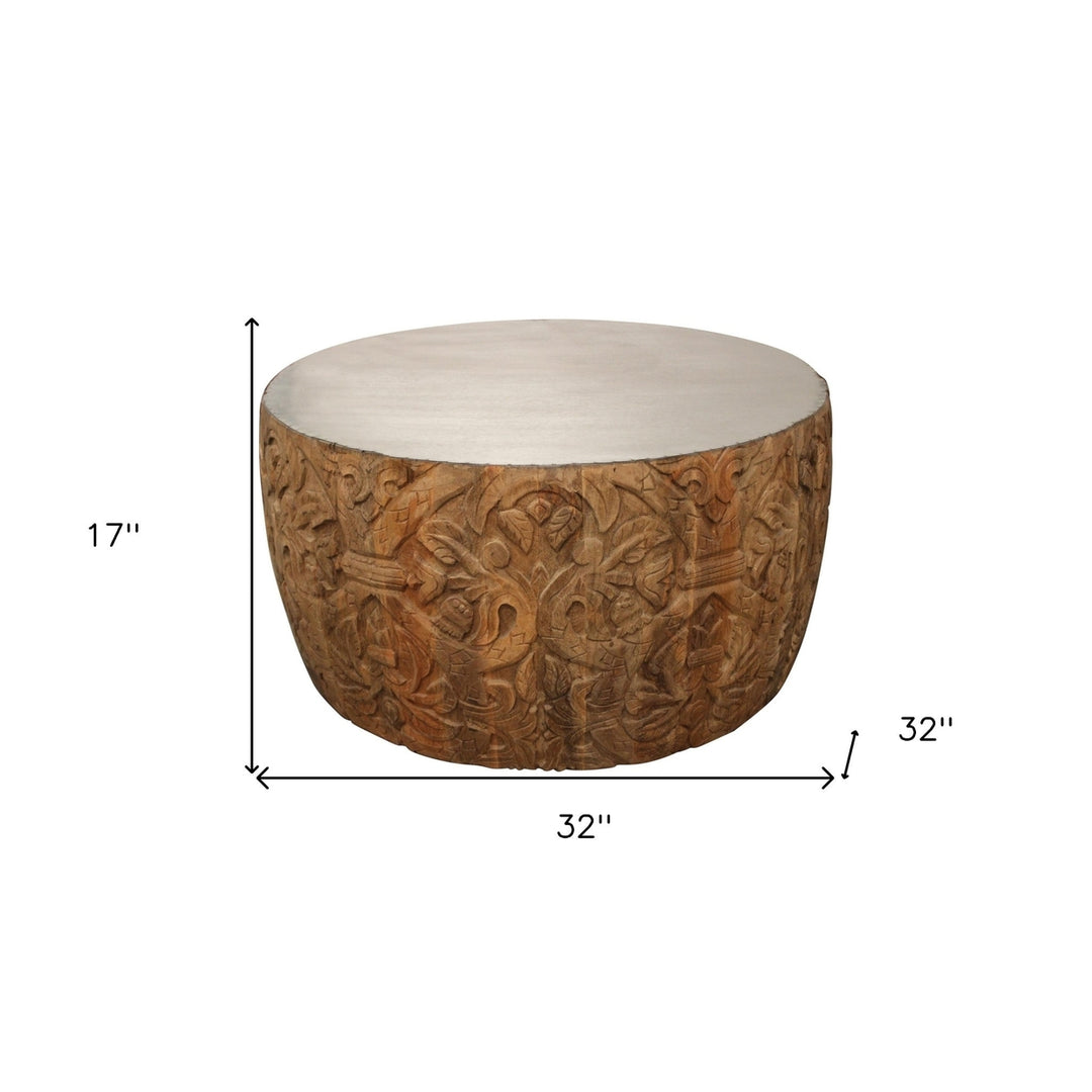 32" Natural Brown And White Wash Hand Carved Wood Round Coffee Table Image 6