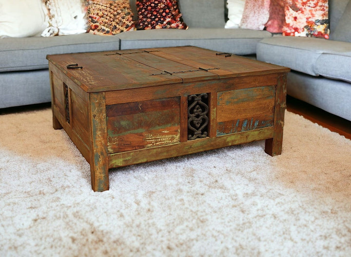 40" Rustic Brown Reclaimed Wood Square Lift Top Coffee Table Image 8