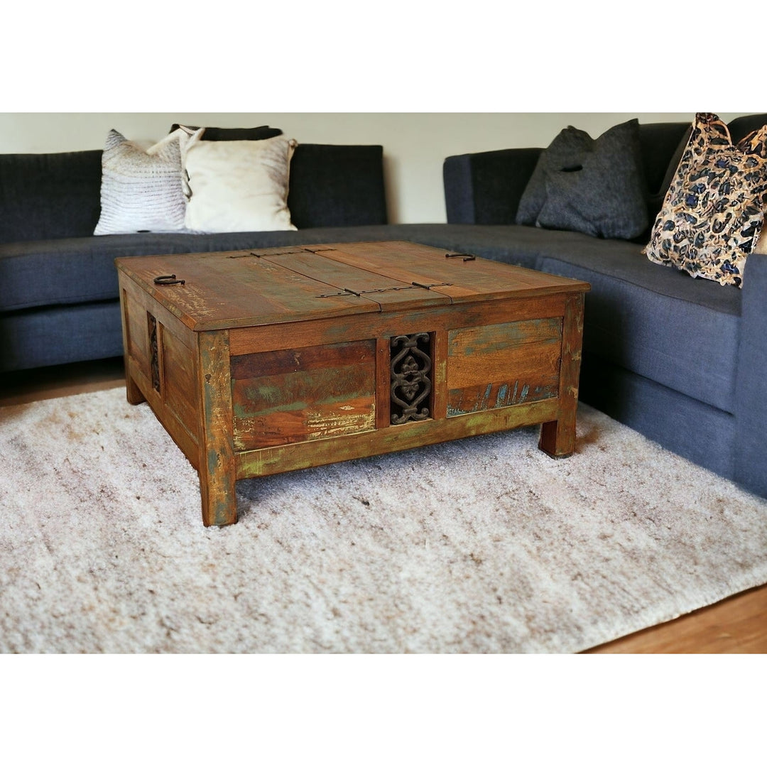 40" Rustic Brown Reclaimed Wood Square Lift Top Coffee Table Image 9