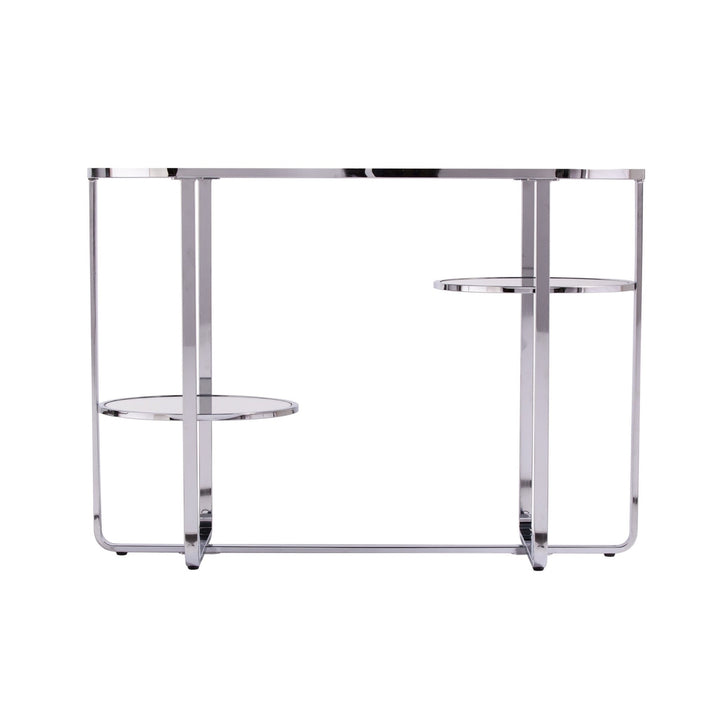 42" Clear and Silver Mirrored Glass Oval Frame Console Table With Storage Image 4