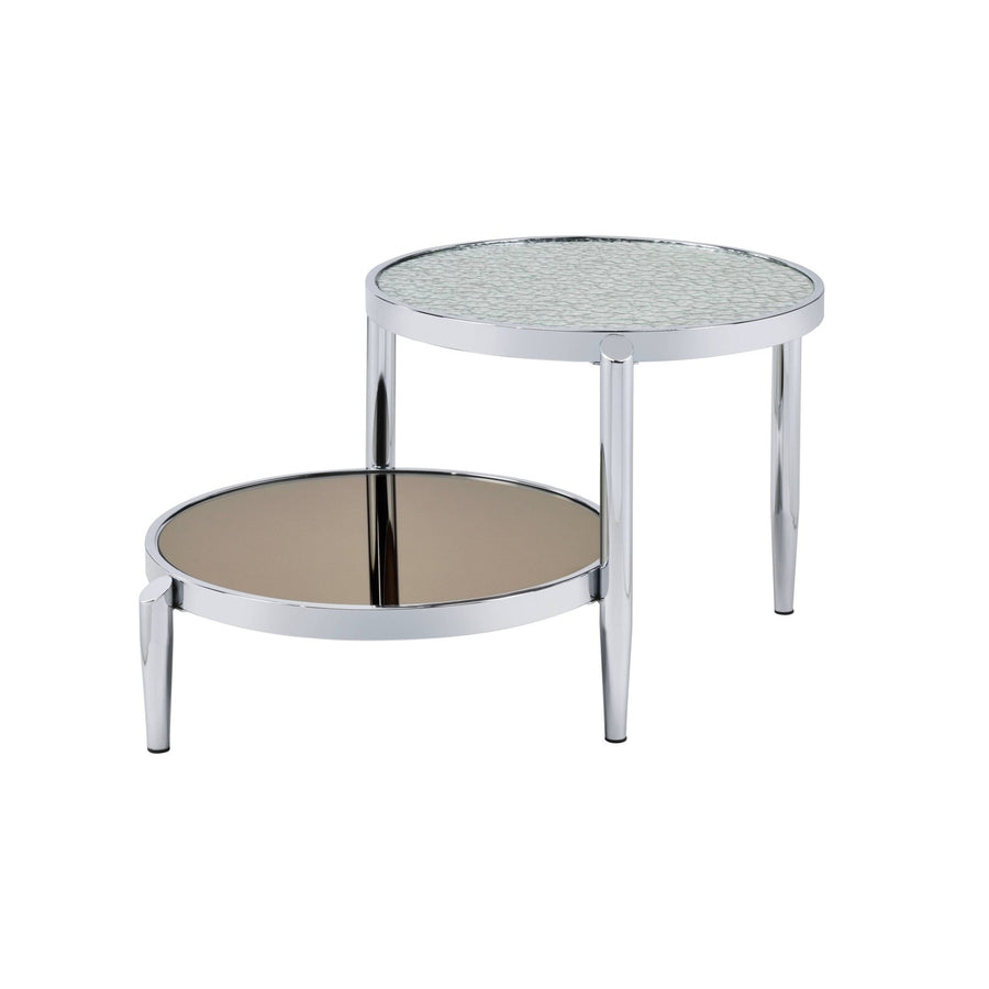 37" Chrome And Silver Mirrored Two Tier Round Mirrored Coffee Table Image 1