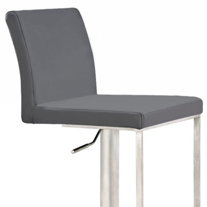 37" Gray And Silver Faux Leather And Stainless Steel Swivel Low Back Adjustable Height Bar Chair Image 3