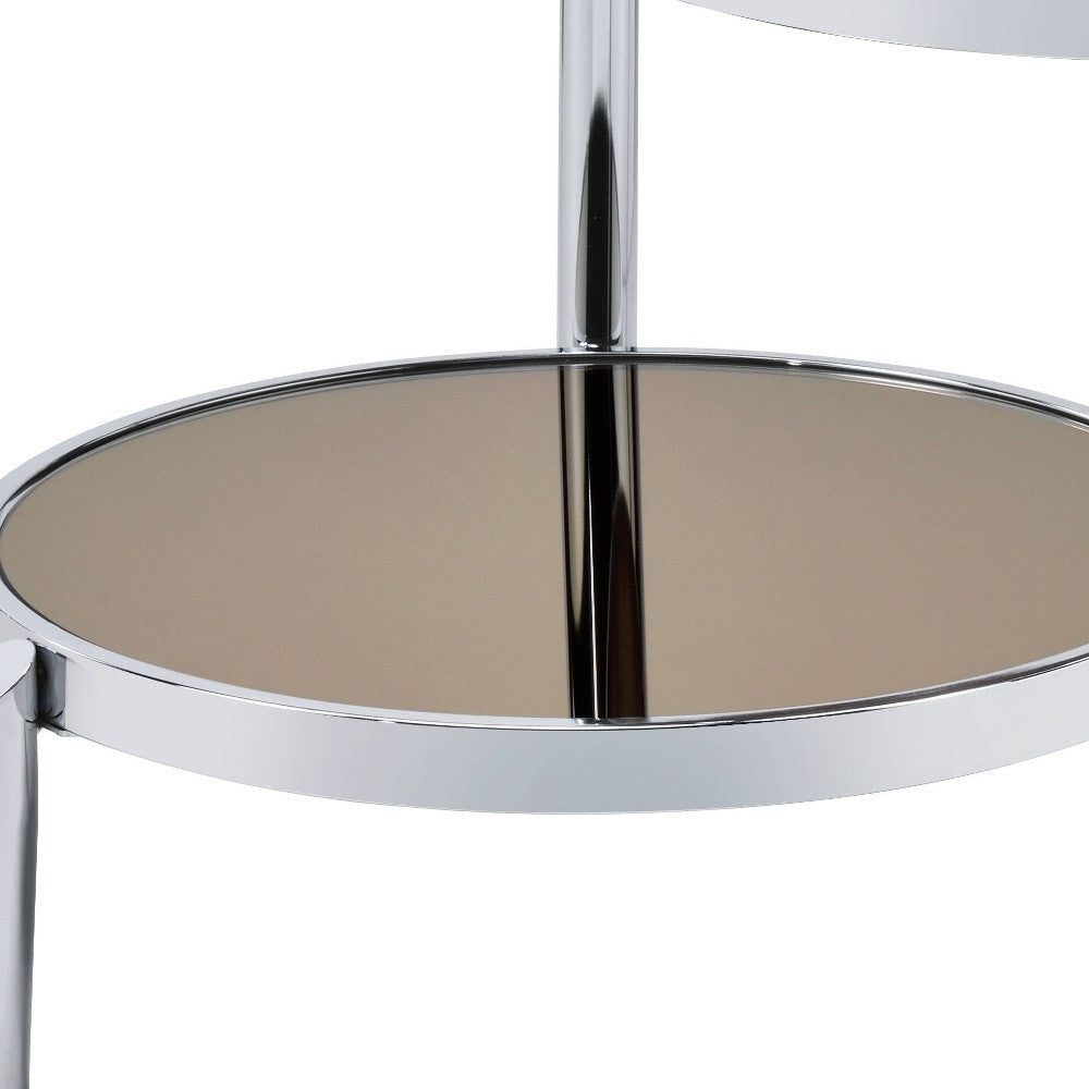 37" Chrome And Silver Mirrored Two Tier Round Mirrored Coffee Table Image 3