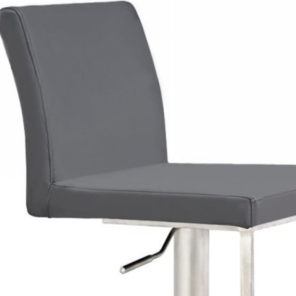 37" Gray And Silver Faux Leather And Stainless Steel Swivel Low Back Adjustable Height Bar Chair Image 4