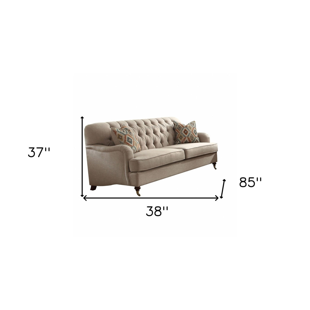 38" Beige Polyester Blend Sofa And Toss Pillows With Dark Brown Legs Image 8