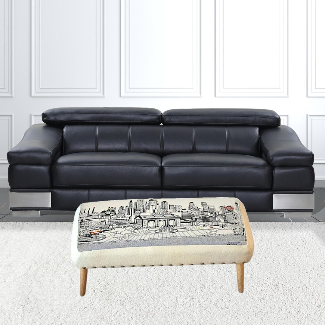 38" Cream Wool And Brown Ottoman Image 5