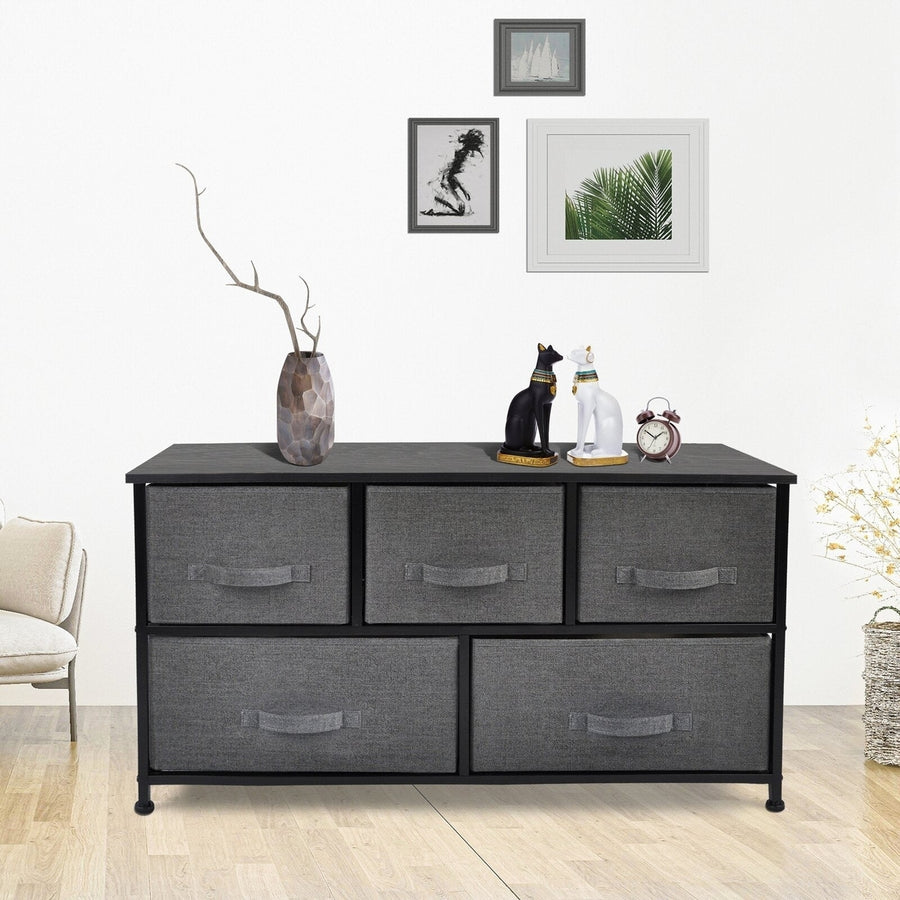 39" Black And Dark Fabric and Steel Accent Chest With Two Shelves And Five Drawers Image 1