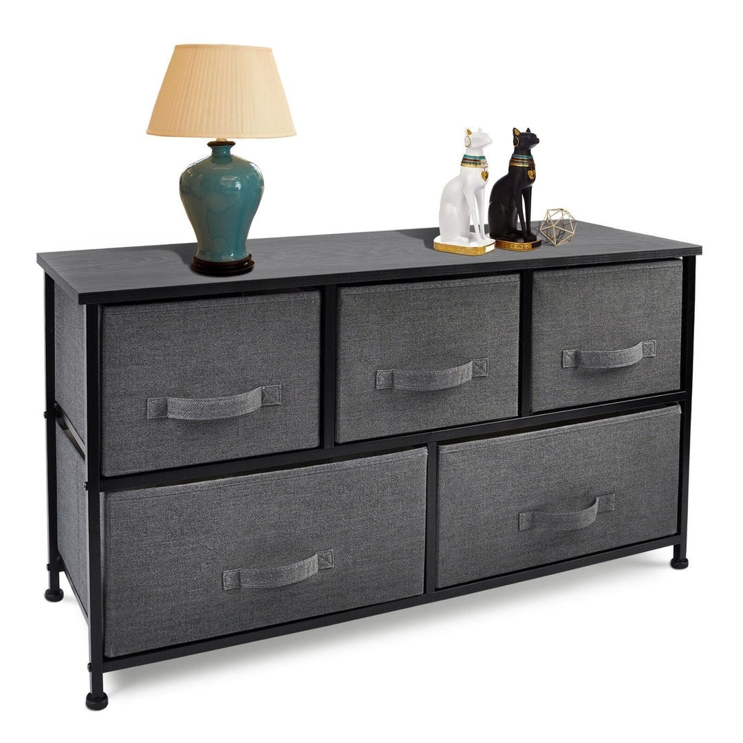 39" Black And Dark Fabric and Steel Accent Chest With Two Shelves And Five Drawers Image 2