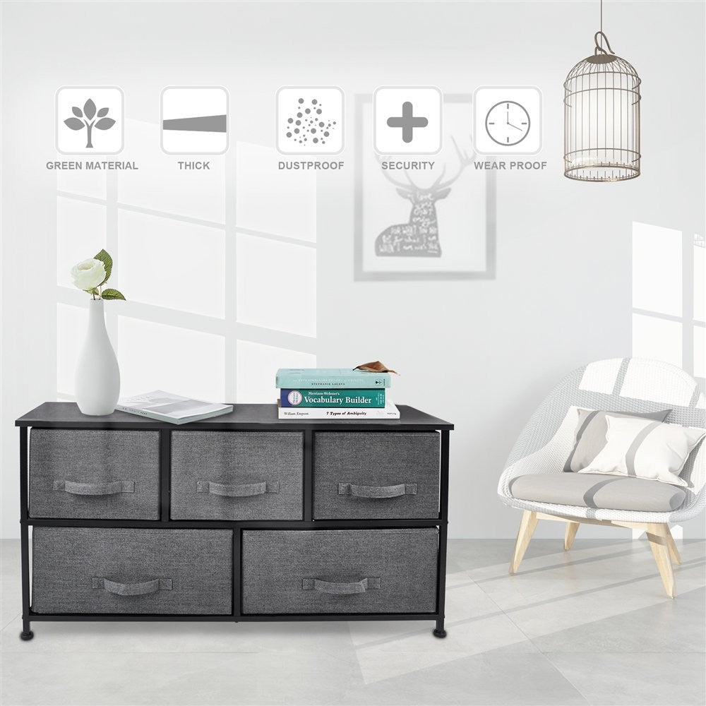 39" Black And Dark Fabric and Steel Accent Chest With Two Shelves And Five Drawers Image 3