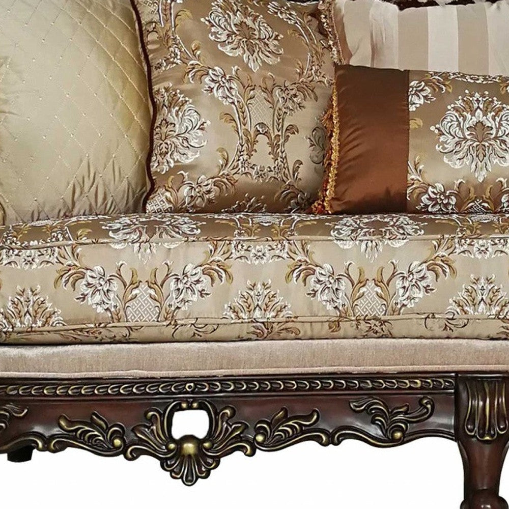 39" Beige Polyester Blend Floral Sofa And Toss Pillows With Dark Brown Legs Image 5