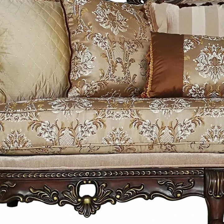 39" Beige Polyester Blend Floral Sofa And Toss Pillows With Dark Brown Legs Image 6