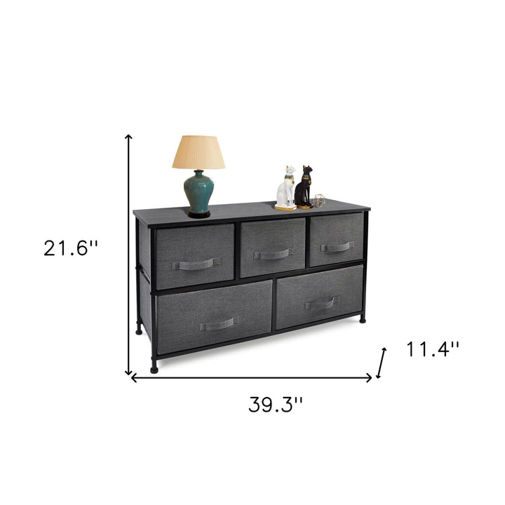 39" Black And Dark Fabric and Steel Accent Chest With Two Shelves And Five Drawers Image 4