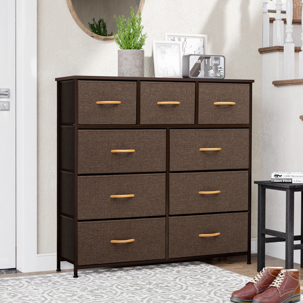 39" Brown Steel and Fabric Nine Drawer Triple Dresser Image 3