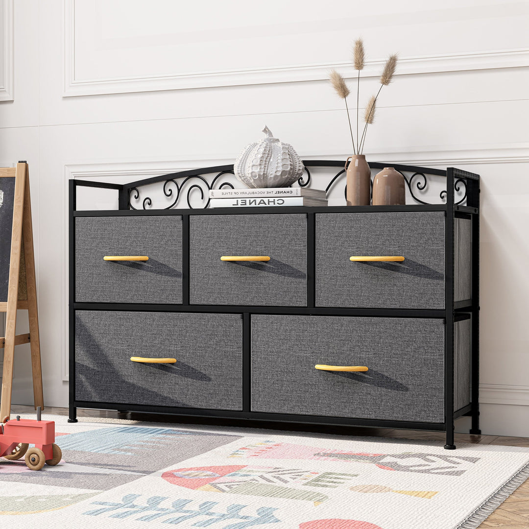 39" Gray and Black Steel and Fabric Five Drawer Combo Dresser Image 2